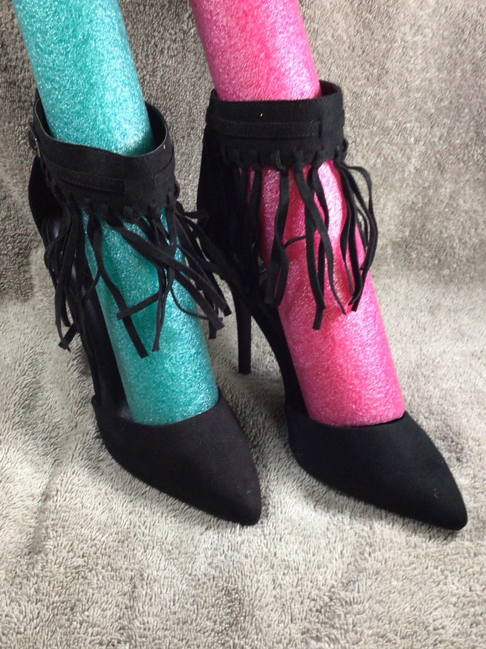 Black Suede Fringe Pointed Toe Ankle Strap Pumps size 10